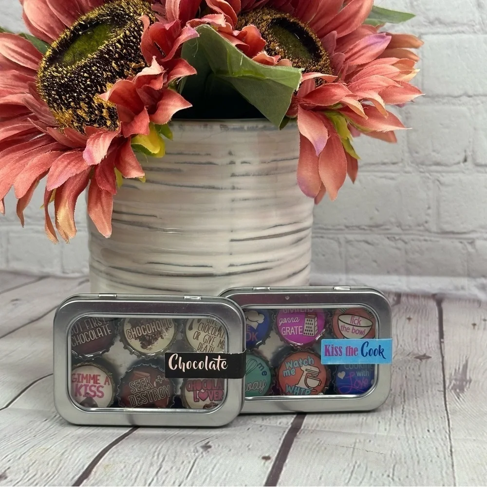 NWT Decorative Tin Set with Colorful Magnets kiss the cook and chocolate sets